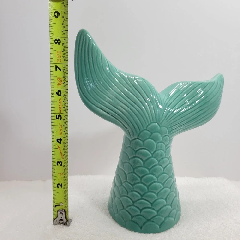 MERMAID Aqua Blue Pearlized Ceramic Mermaid Tail Coin Bank Girls Room Ocean